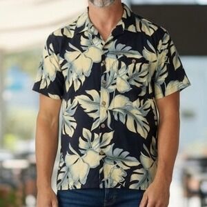 Paradise Coves Hawaiian Shirt Mens Large 100% Silk BlkTropical Leaf Print Casual